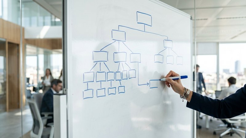 Consultor dibujando framework MECE en una pizarra de oficina