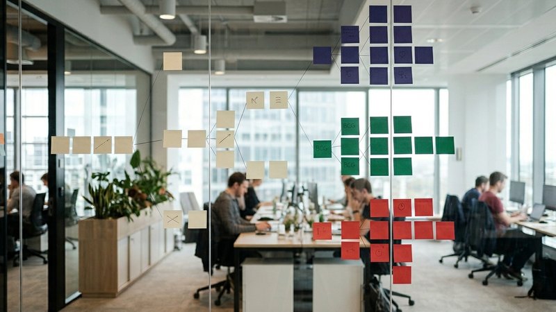 Espacio de trabajo moderno con post-its organizados en estructura de árbol