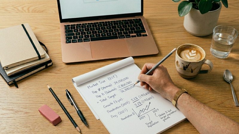 Persona escribiendo cálculos de market sizing en cuaderno junto a portátil
