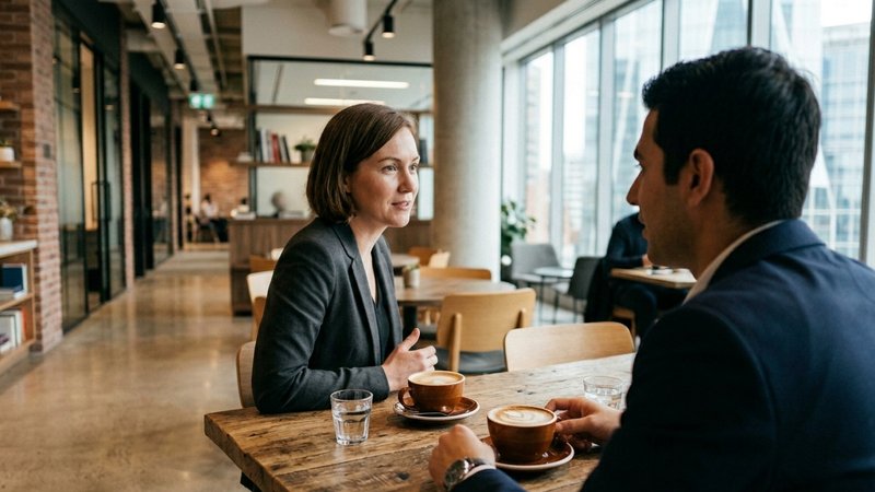 Dos profesionales haciendo networking en una cafetería corporativa