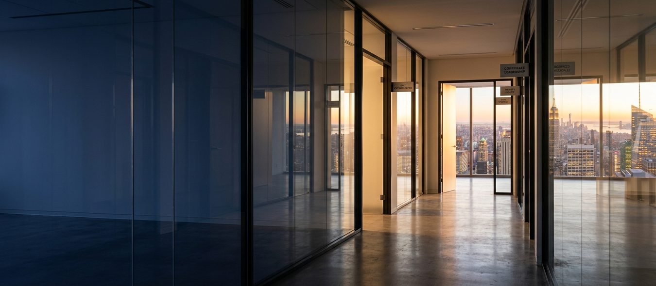 Pasillo de oficina moderna al atardecer con varias puertas abiertas hacia el horizonte de una ciudad