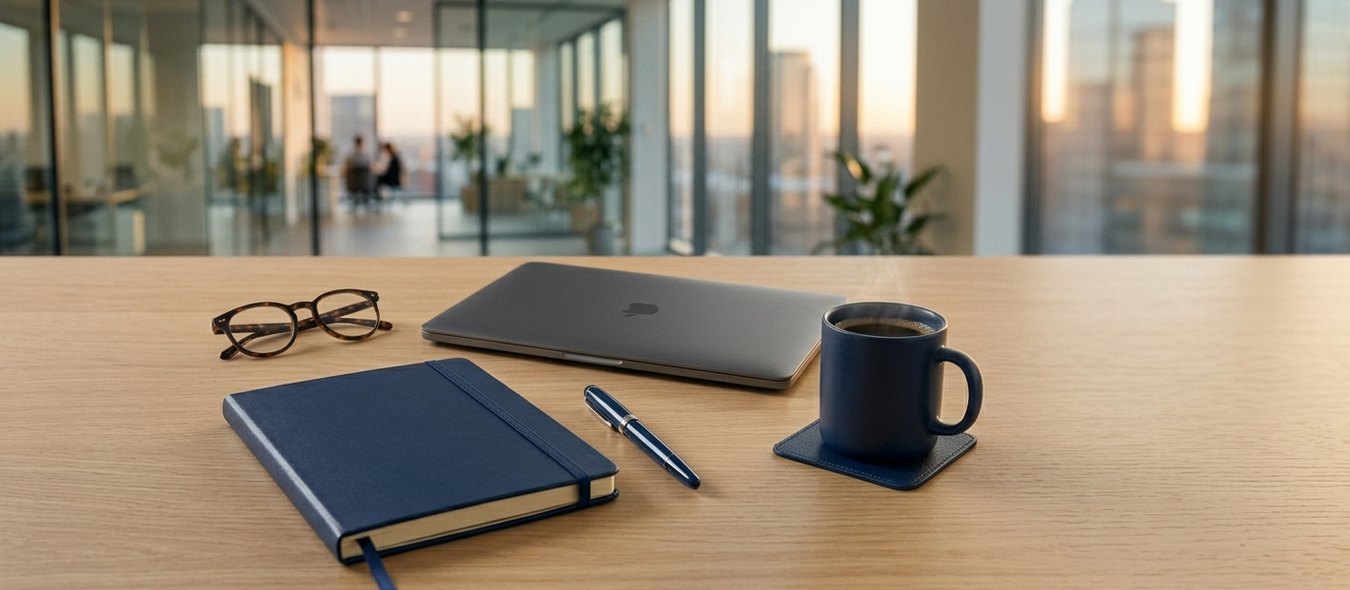 Escritorio de oficina corporativa al atardecer con cuaderno, portátil y café