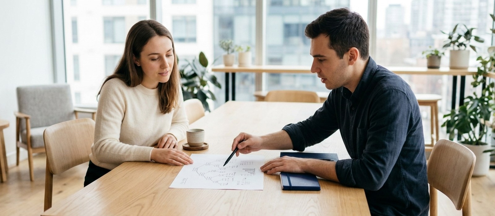 Two people practicing a consulting case with a hand-drawn issue tree on paper